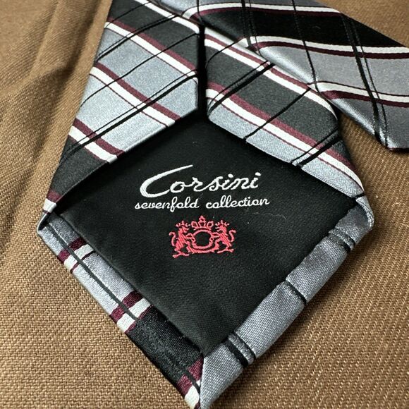 CORSINI Men's 7 Fold 100% Silk Tie Black Grey Burgundy Striped ~ Seven Fold Tie - Picture 9 of 11